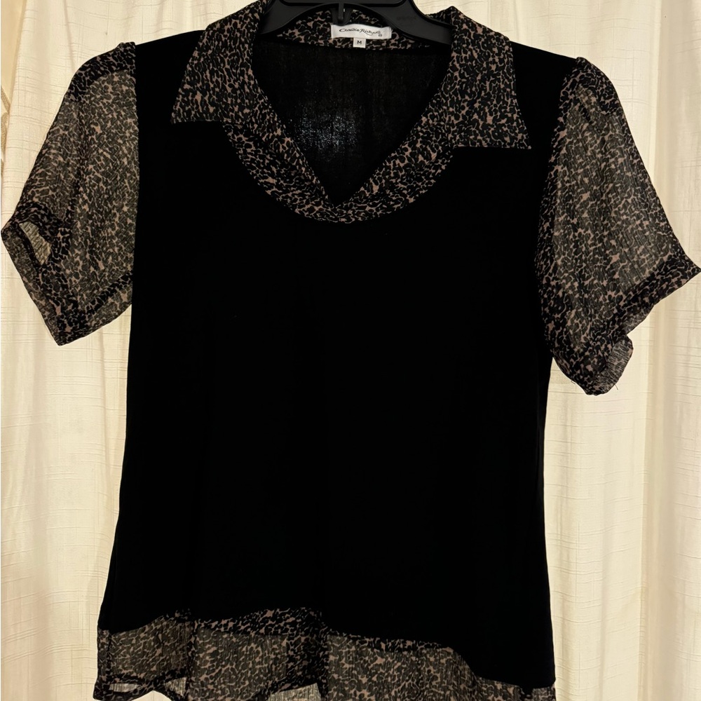 Claudia Richard Black Blouse with Sheer Patterned Trim